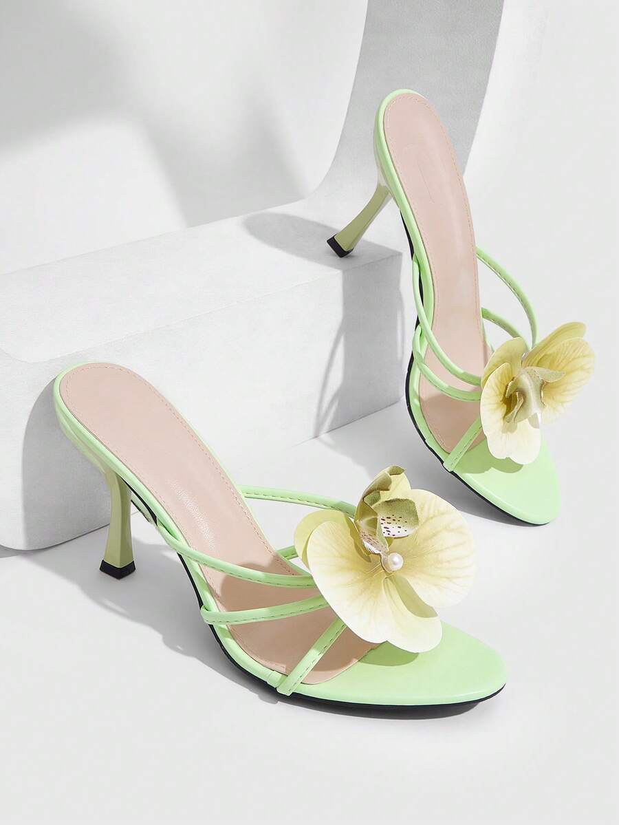 CUCCOO SZL Damen-Sandalen mit 3D-Perlenblume, dünnem Absatz und runder Zehenpartie, hellgrünes PU-Leder, sexy modische High-Heel-Slipper für Urlaub und Party - hellgrün 1 - Übersicht 1