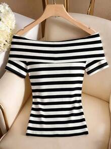 Resyla Nueva camiseta de mujer a rayas con hombros descubiertos, de moda y versátil - Multicolor - Ver 2