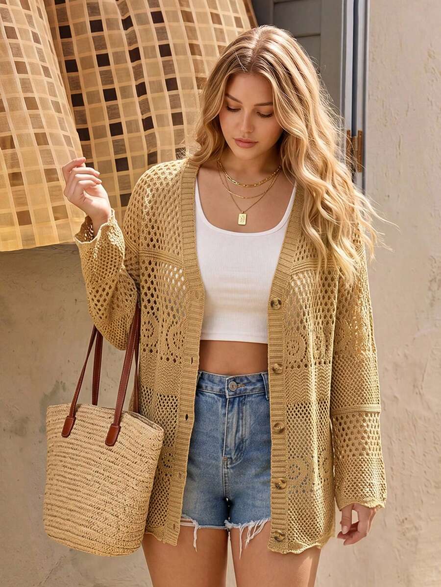 Vivid Eden Plus Size Women's Solid Color Drop Shoulder Long Sleeve Hollow Out Thin Cardigan Dates Formal Wedding Guest Vacation Beige Autumn Soft Bohemian Casual - Khaki - View 1