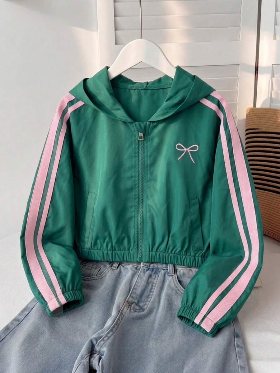 SHEIN Chaqueta con capucha a rayas y bloques de color para niña preadolescente, vuelta al colegio - Verde - Ver 1