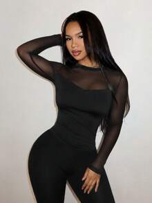 SHEIN SXY 性感對比蕾絲露背鏤空上衣 夜店外訪黑色秋季款 - 黑色 - 查看 7