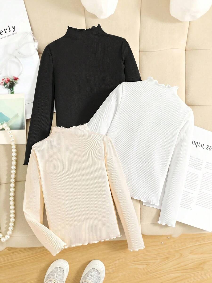 Tween Girl Tween Girl 3pcs Casual All-Match Solid Color Ribbed Lettuce Trim Mock Neck Tee - Multicolor - View 1