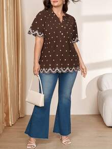 Comfylo Plus Size Floral Embroidered Casual Summer Shirt - Brown - View 6