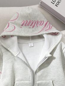 SHEIN 青少年女孩寬鬆休閒極簡舒適日常街頭風粉色字母刺繡連帽寬鬆版貼口袋前開襟拉鍊短版長袖運動外套灰色返校穿搭 - 淺灰色 - 查看 7
