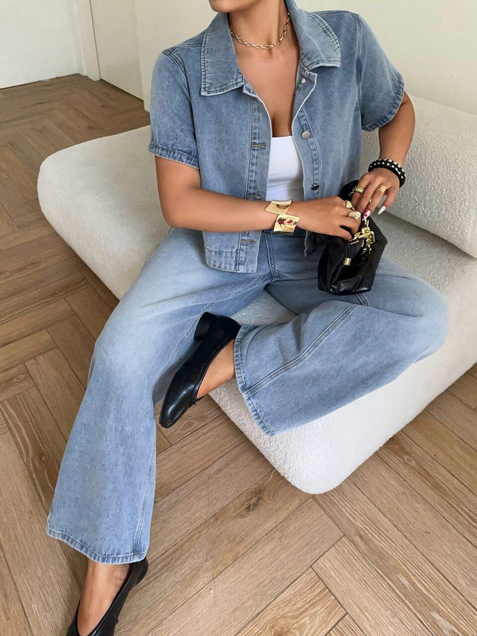 Dazy Plus Light Wash Denim Set, Western Cowgirl Style Cropped Short Sleeve Top And Long Jeans, Plus Size Street Fashion Denim Outfit Summer