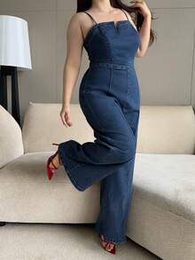 Dazy Plus Jumpsuit Denim Wanita Ukuran Besar Model Pas Badan dengan Tali Bahu Tipis, Warna Biru Tua Gaya Kasual Musim Semi/Panas - Dark Wash - View 6