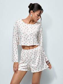 Softvol 2pcs Women's Round Neck Drop Shoulder Print Cardigan + Elastic Waist Button Front Shorts Set - White - View 4
