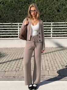MainGRL Autumn And Winter Women's Casual Solid Color Long Sleeves Knitwear Cardigan Two Pieces Set - Camel - View 4