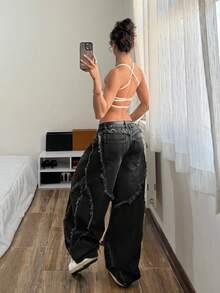 StreetHx Women's Street Fashion Loose Fit Flare Leg Jeans - Black - View 2