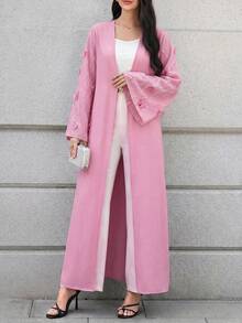 Al Najma 女款 3D 花卉裝飾長袖優雅阿巴雅長袍 - 粉色 - 查看 4