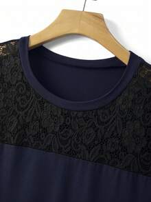 EMERY ROSE Plus Size Summer Casual Colorblock Lace Patchwork Dress - Navy Blue - View 5