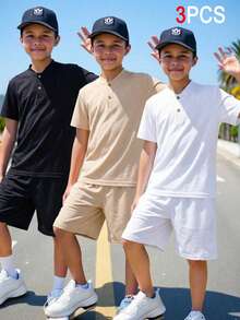 SHEIN Kids 3pcs Tween Boy Solid Color Knit Short Sleeve Top, Casual & Comfortable Suitable For Spring/Summer , Daily Wear, Sports, Outings, School, Parties, Festivals, Photoshoots - Multicolor - View 3