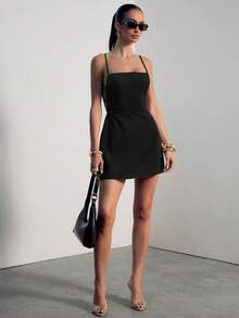 Hauture Women's Sexy Casual Office Wear Square Neck Apron Front Dress With Pockets Open Strappy Back - Black - View 2
