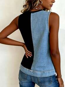 EMERY ROSE Blusa informal sin mangas con detalles de parches de color contrastante, para verano - Multicolor - Ver 2