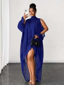 Maweii Vestido elegante de talla grande de unicolor con cuello alto, hombros descubiertos, corto por delante y largo por detrás para otoño - azul real - Ver 1