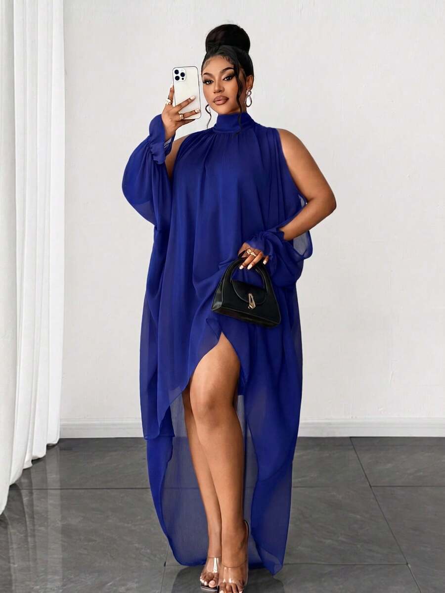 Maweii Vestido elegante de talla grande de unicolor con cuello alto, hombros descubiertos, corto por delante y largo por detrás para otoño - azul real - Ver 1