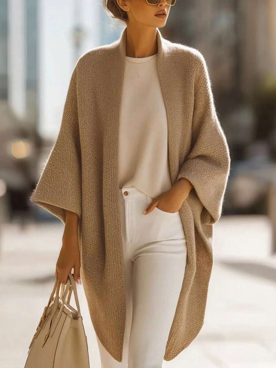 Balvessa Open Front Batwing Sleeve Loose Knit Cardigan, Casual Sweater Jacket - Khaki - View 1