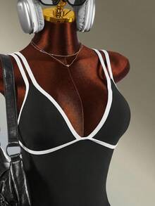 Amplova Contrast Trim Cami Strap Sports Romper - Black and White - View 6