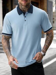 Manfinity CasualCool Men's Button Half-Placket Ribbed Short Sleeve Polo Shirt - Blue - View 3