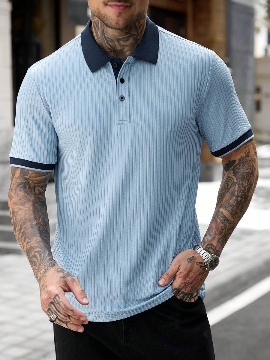 Manfinity CasualCool 男士半門襟鈕扣羅紋短袖 Polo 衫 - 藍色 - 查看 1