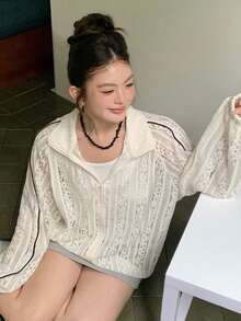 Dazy Plus Plus Size Women Lace Lantern Sleeve Open Front Loose Jacket, See-Through Lantern Sleeve Long Sleeve Casual Top, Spring/Summer/Autumn - Apricot - View 8