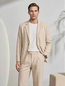 VeloEdit Apricot Men's Solid Color Business Suits, Including Jacket And Trousers, Brown, Two Pieces Beige Khaki Summer Cream Casual Champagne Suitable For - Apricot - View 5
