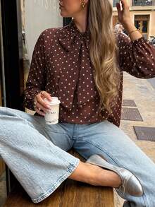 Freevana French Retro Elegant | Brown Polka Dot Sheer Chiffon Long Sleeve Blouse Neck Bow Loose Fit Top - Coffee Brown - View 9