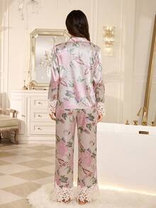 LuxeNights Floral Print Faux Silk Patchwork Water-Soluble Lace Trim Top And Pants Elegant Pajama Set - Multicolor - View 2