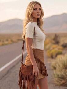 LanaWest Rok Suede Boho Wanita Gaya Western Kasual dengan Pinggang Elastis di Belakang dan Rumbai Asimetris - Coklat - View 4
