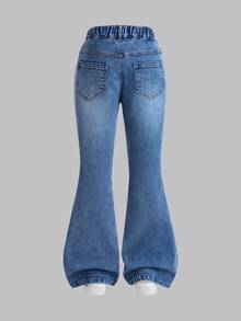 SHEIN Genkimix Kids 女童牛仔喇叭褲，四季新款，美式復古中藍牛仔色，褲身中線開衩設計附口袋，褲腳珍珠裝飾，修身版型，舒適棉質牛仔面料，百搭時尚風格，四季新款女童牛仔褲 - 中等水洗藍 - 查看 2