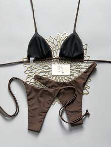 SHEIN Swim 2026 Spring/Summer Chocolate Brown 3 Pieces Halter Bikini Set Beach Club Sexy - Brown - View 2