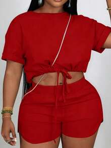 Slaydiva Slayr Plus Casual Solid Color Fitted Drawstring Split Hem Women's Plus Size Two Pieces Set, Outfits, Summer - Red - View 7