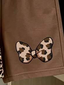 (Random Pattern, 2 Sets Random) Girls Leopard Print Glitter Bow Heart Rabbit Pattern Basic Short T-Shirt And Shorts Set - Multicolor - View 6