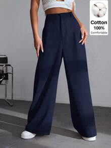 SHEIN EZwear 休閒百搭 100% 純棉海軍藍高腰寬腿褲，適合校園穿著、派對、工作與音樂節穿著，教師節秋季款 - 藍色 - 查看 5