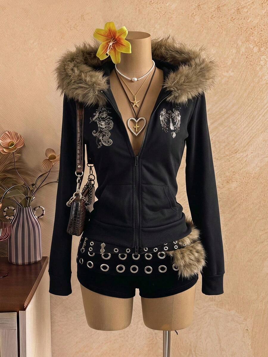 EgrlEra Women's Fur Collar Sweatshirt, Coffee Brown Printed Long Sleeve Pullover Sweatshirt - Black - View 1
