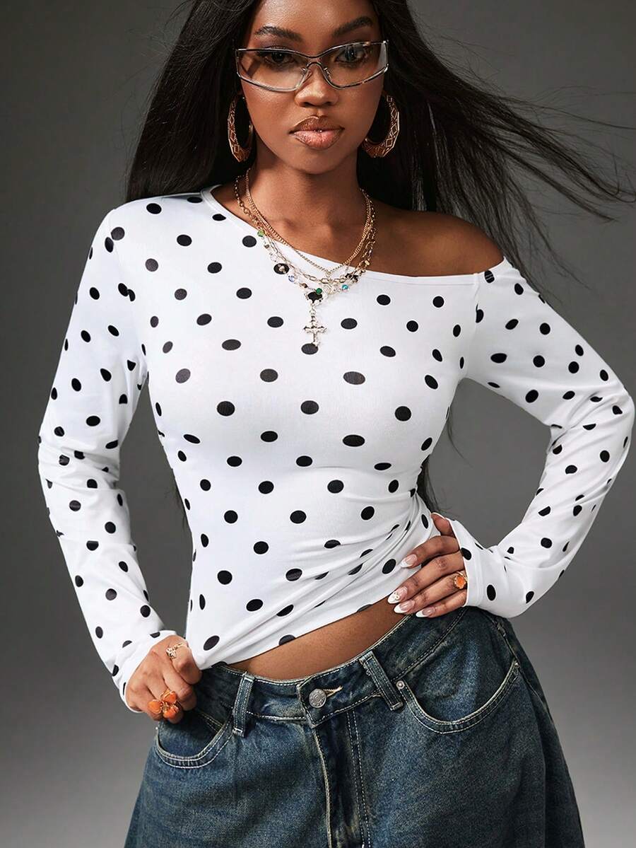 Coolane Women Fall/Winter Daily Wear Essentials Knit Stretchy Comfy Asymmetrical Neck Polka Dot Long Sleeve Tops