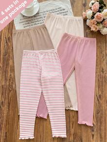 SHEIN Elladie kids Spring Summer Squishy 4pcs/Set Girls Sweet Cute Versatile Multi-Color Morandi Color Soft Comfortable Ribbed Ribbed Knit Leggings - Multicolor - View 3