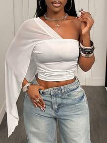 BamGleam Women's Autumn Fashion Asymmetric Cape Sleeve T-Shirt Club Night White Sexy - White - View 6
