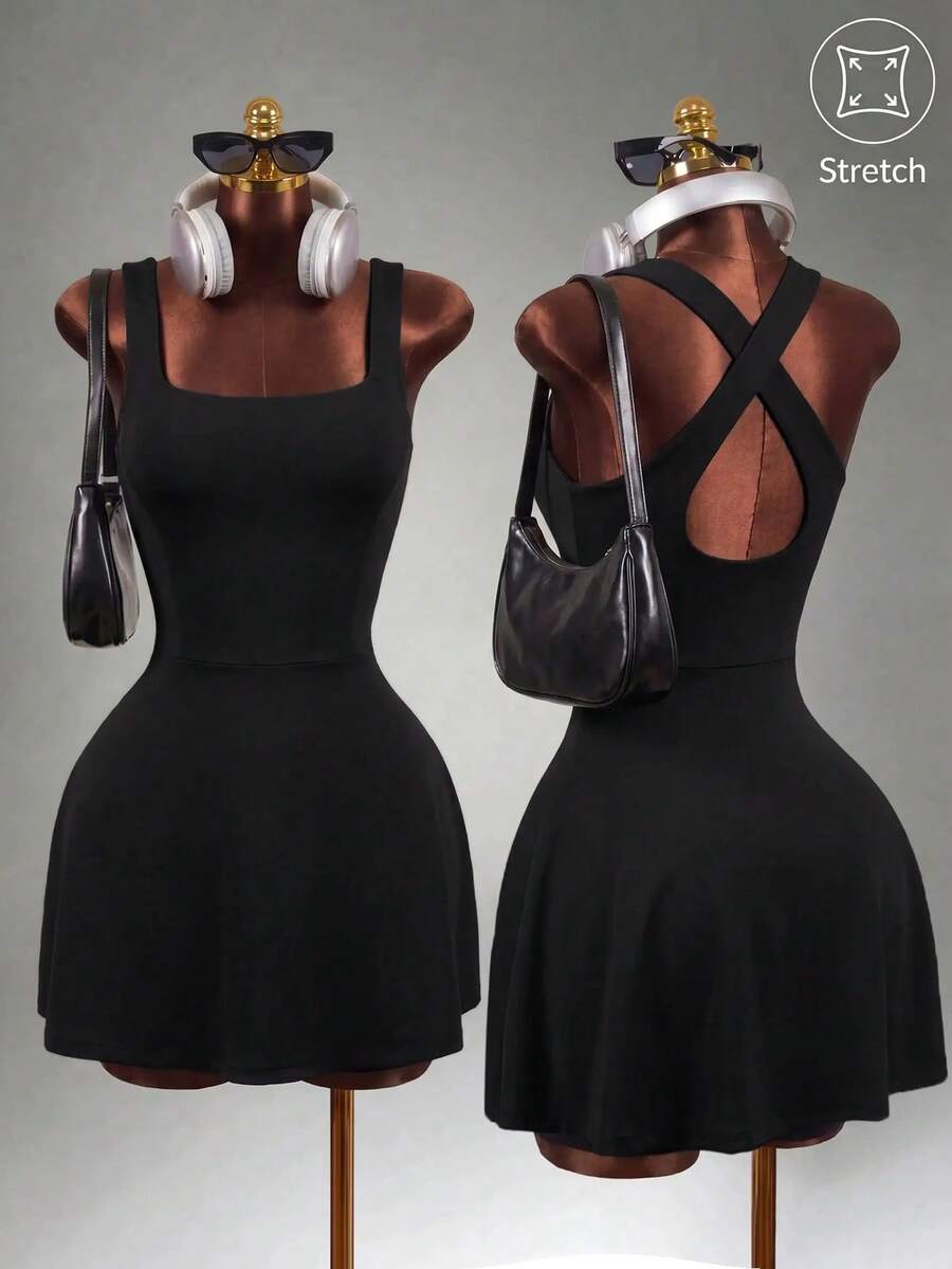 Mistrie Women's Solid Color Casual Cross-Back Sports Dress - Black - View 1