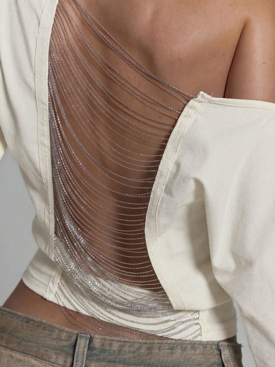 Slouchy Off The Shoulder Open Back Chain Detail Longline Cropped T-Shirt Sexy Summer Spring Rave Festival Holiday Party Going Out Serpent
