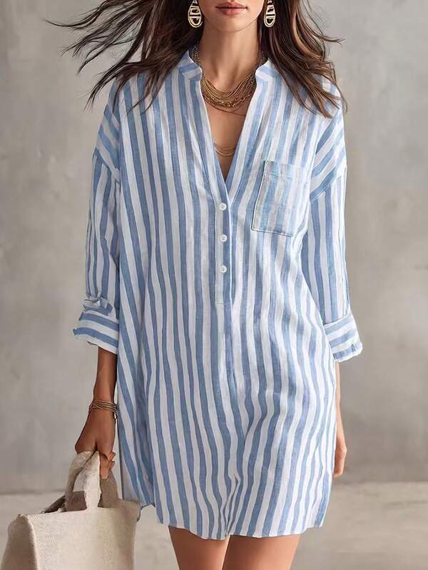 Glimmora New Women's Slouchy Linen Vacation Casual Long Sleeve Loose Slimming Blue & White Striped Short Shirt Dress