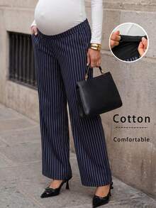 MaterniWear Pantalones de pierna recta a rayas azul marino para maternidad, casual, elegante, chic, para ir al trabajo y baby shower, otoño - Azul - Ver 11