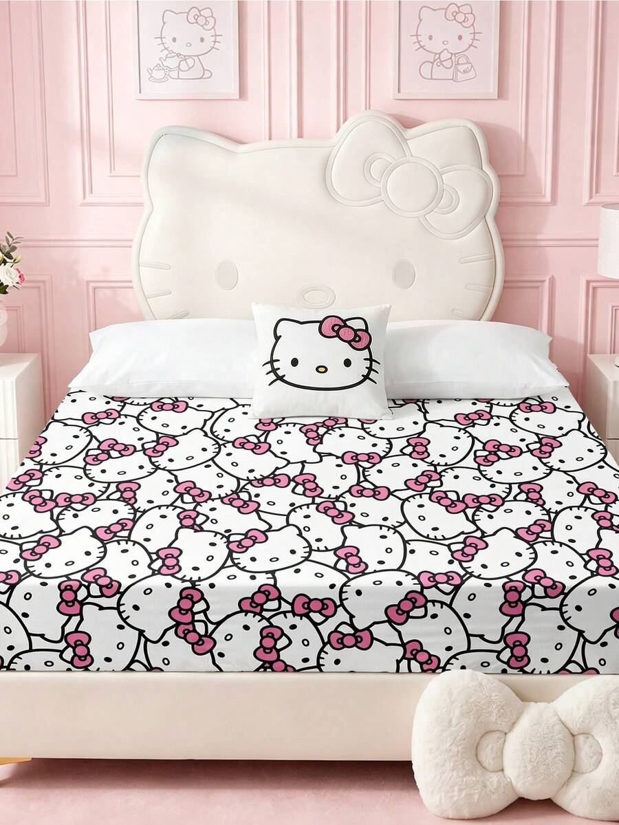 HELLO KITTY AND FRIENDS | SHEIN 1件裝粉色卡通角色印花床墊,拋光材質,柔軟保暖,適用於單人床/雙人床/Queen床/King床 - 粉色 - 查看 1