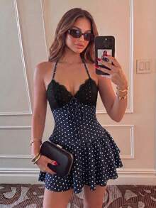 Sunnyshic Women's Black Polka Dot Print Mini Dress, Summer Lace Patchwork V-Neck Halter Tie Back Open Back Cinched Waist Double Layer Ruffle Hem, Elegant Vintage Sweet Romantic Versatile For Vacation Beach Shopping Date - Navy Blue - View 1