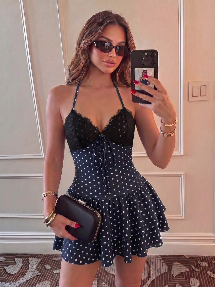 Sunnyshic Women's Black Polka Dot Print Mini Dress, Summer Lace Patchwork V-Neck Halter Tie Back Open Back Cinched Waist Double Layer Ruffle Hem, Elegant Vintage Sweet Romantic Versatile For Vacation Beach Shopping Date - Navy Blue - View 1