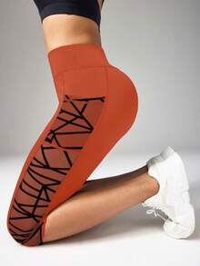 Easithlete Easithlete 7/10 Length Mesh Pocket Patchwork Yoga Sports Leggings - Orange - View 5