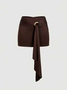 SHEIN MOD Women Fashionable Chocolate Brown Mini Skirt With Gold Ring Detail And Draped Front Accent,Brown Skirts For Women - Brown - View 2