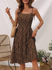 SHEIN LUNE Women's Fashion Floral Print Pleated Waist Cinch Spaghetti Strap Dress For Vacation - Brown - View 5