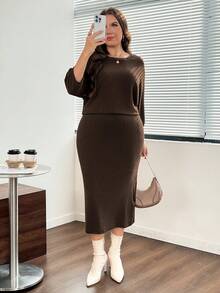 SHEIN LUNE Plus Size Fashion Textured T-Shirt And Long Skirt 2 Pieces Set Back To School Brunch Dinner Going Out Outfits Office Wear For Women Autumn Brown Fall - Coffee Brown - View 7