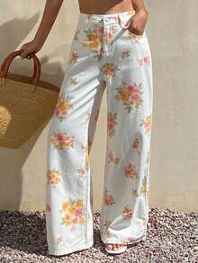 Livesso Summer Autumn White Floral Plant All-Over Print Loose Business Casual Vacation Straight Leg Jeans For Women - White - View 3